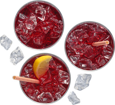 Three glasses of red drink with ice and straws isolated on transparent background