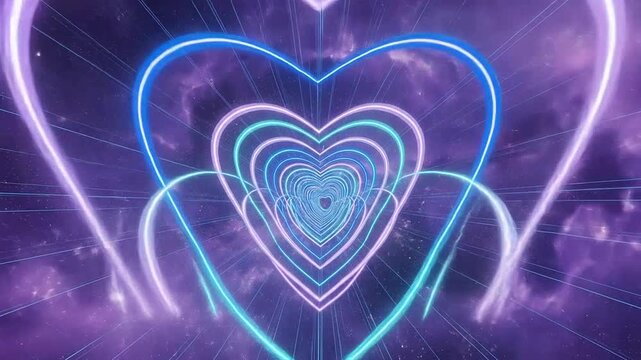 A glowing neon heart tunnel travels through a deep purple cosmic space background