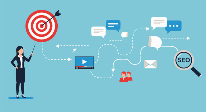 Marketing professional pointing at target board with digital media channels seo optimization tools social icons strategy funnel diagram for lead conversion.