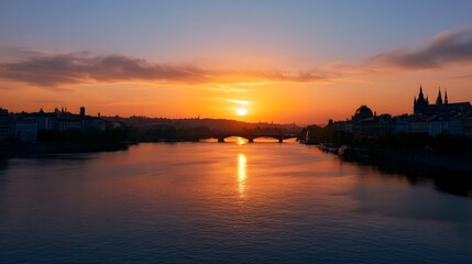 Naklejka premium An adventurous night city travel scene captured under the warm glow of the golden hour