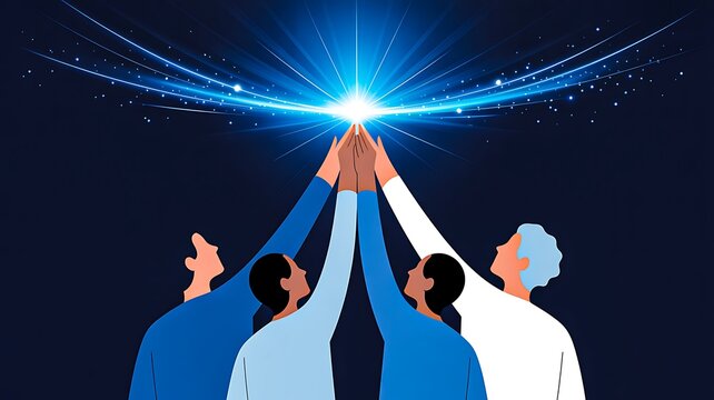 Diverse team joining hands together to achieve success with bright glowing light symbolizing teamwork