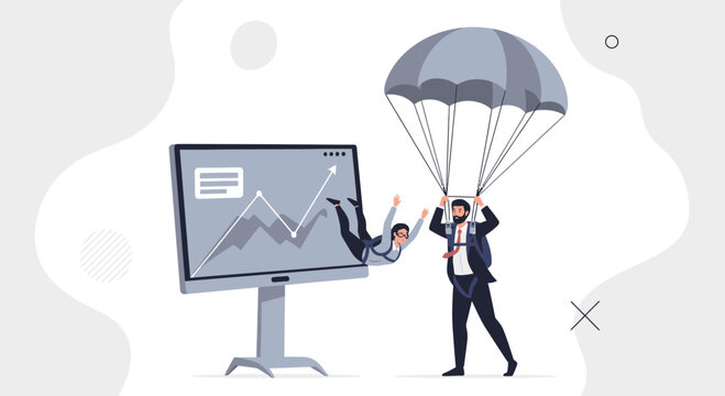 Businessman parachuting to safety from stock market crash graph on monitor