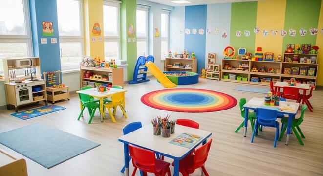 Empty Modern Preschool Classroom with Colorful Furniture