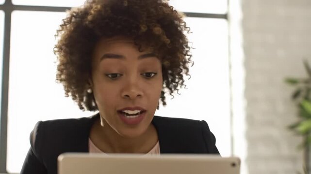 A professional woman, mid-30s, curly hair, tailored blazer, focuses on a tablet, experiencing a eureka moment in a sunlit office, dolly in to a close-up, shallow depth of field. Concept of