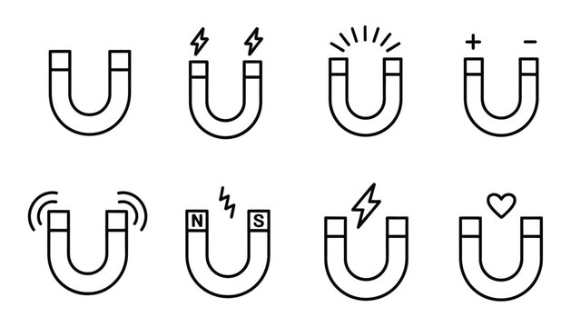 set of eight black and white magnet icons, various magnet shapes and attraction effect symbols, physics and force concept, clean minimal vector illustration.