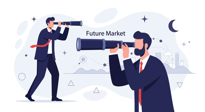 Businessmen with telescopes looking into the future market, symbolizing strategy, vision, and growth in a modern vector illustration style.