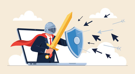 Obraz premium Business knight holding sword and shield defending laptop from cyber attack, concept of internet security and data protection.