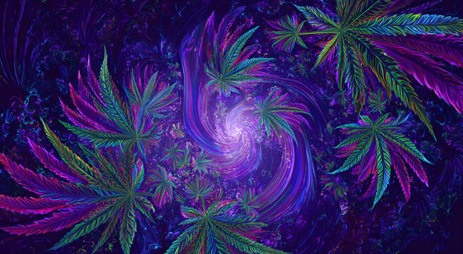 A psychedelic 420 day celebration is envisioned with a colorful psychedelic background and vibrant cannabis and hemp leaves.