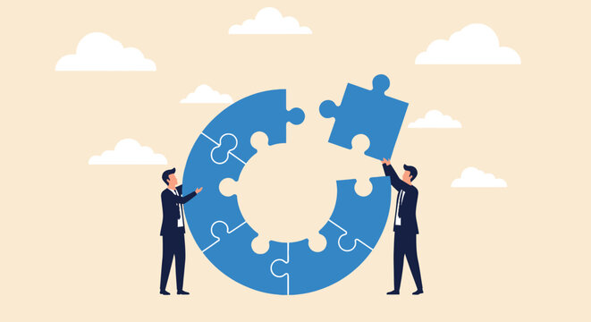 Two business people assembling last piece of jigsaw puzzle to complete a circle, concept of teamwork and problem solving.