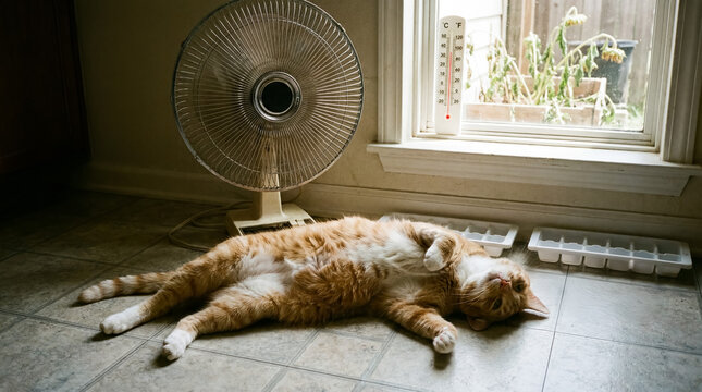 Ginger cat lying on its back on a tiled floor, relaxing in front of an electric fan on a hot summer day