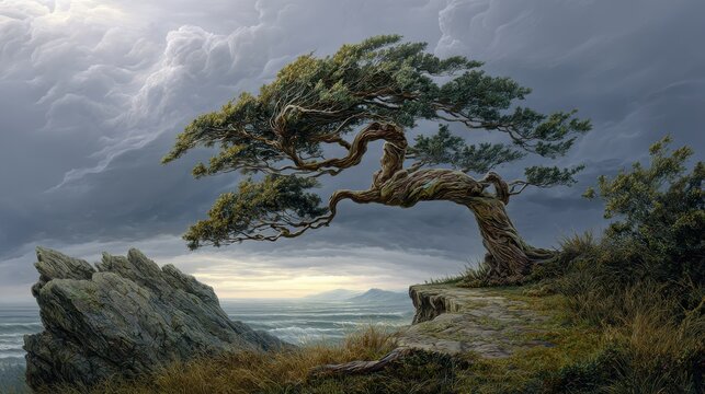 Ancient windswept tree leaning over a sea cliff. AI generated image