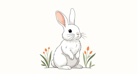 Fototapeta premium Adorable white rabbit sitting quietly among small orange flowers, isolated on a clean, soft cream background.