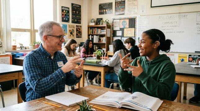 Teacher and student communicating using sign language in school.
