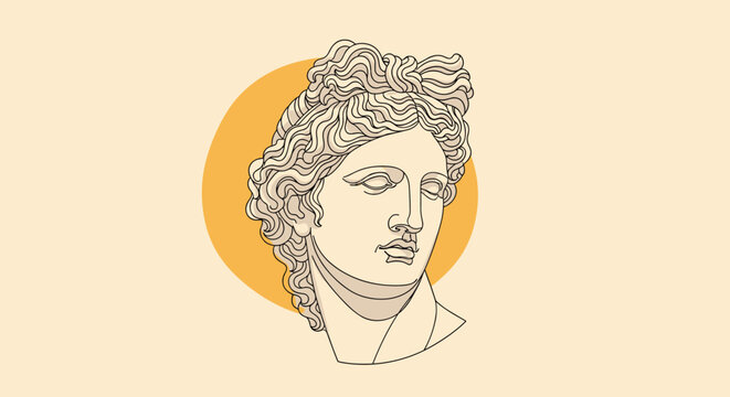 Classic line art illustration of an ancient greek or roman statue bust over a warm yellow circle background, representing classical art.