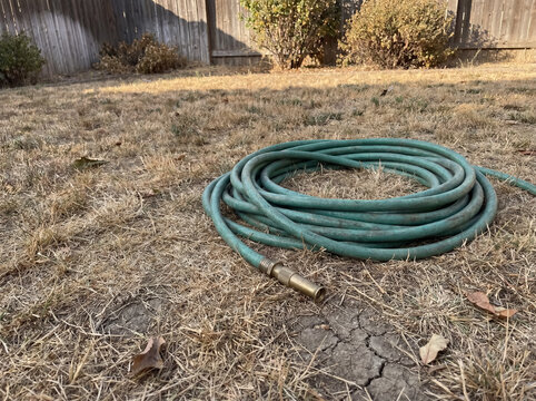 Garden hose resting on a dry brown lawn with parched, cracked ground indicating drought and water scarcity