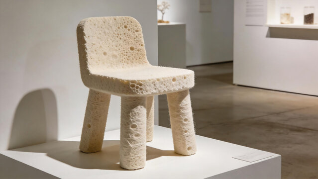 Modern sponge-like chair on display in gallery