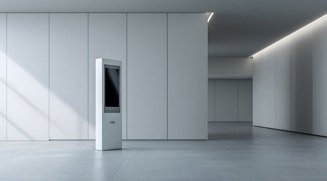 A modern office building has a mockup of a smart kiosk that is empty and has touch screens and self-service.
