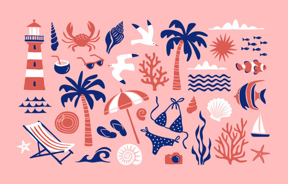 Hand drawn summer sea design elements set. Beach icons and symbols clip art.
