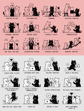 Huge set of cat vector illustrations showing team building and customer service