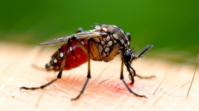 A mosquito with black and white scales is actively feeding on human skin