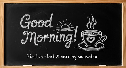 Fototapeta premium Good Morning Chalkboard Message with Coffee Cup Drawing