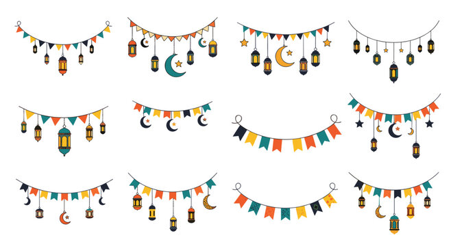 Set of twelve colorful Ramadan garland and bunting banners with lanterns and crescent moons on white background.