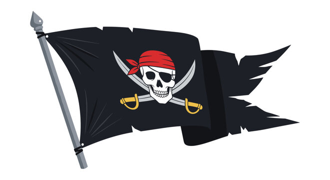 Ripped black pirate flag with skull wearing red bandana and crossed cutlasses on a pole vector illustration.