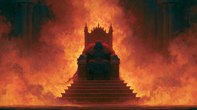 lonely fire god on ancient throne, ancient fire deity surrounded by hellfire, mythic fire ruler seated in infernal flames