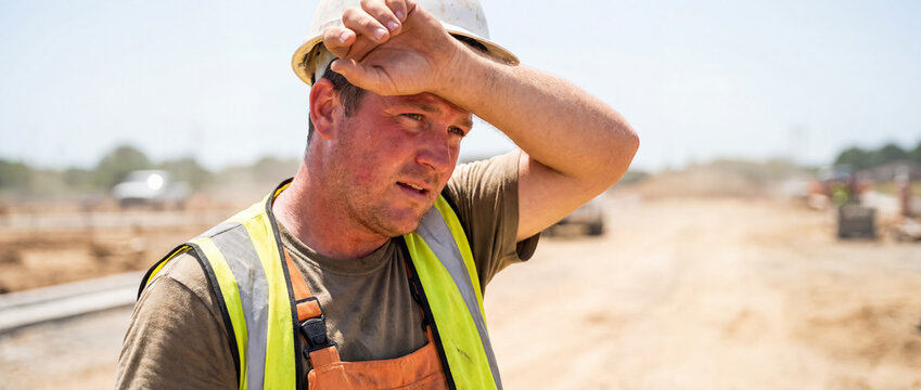 Construction worker wiping sweat from forehead, feeling exhausted and overheated on a dusty job site in summer