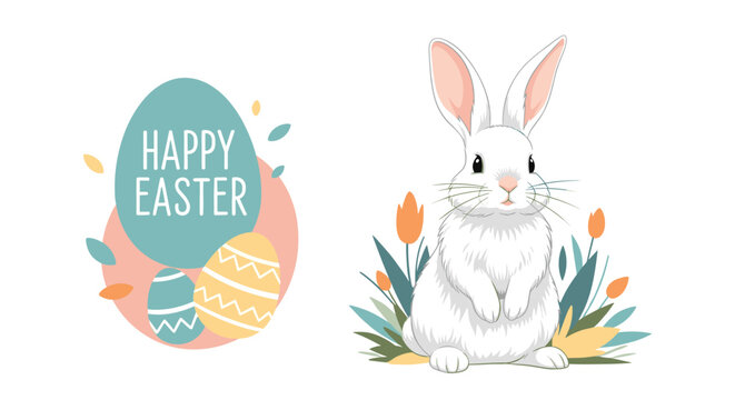 Adorable white Easter bunny sitting in a spring garden next to colorful painted eggs and happy easter text banner.