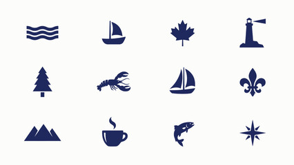 Wavy water sailboat maple leaf lighthouse tree lobster sailboat fleur de lis mountains. © Tuli