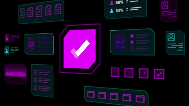 High tech notification dashboard displaying successful verification checkmarks and system security clearance.