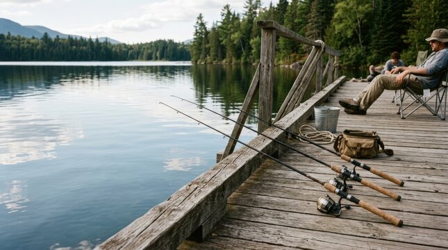 Friends relaxing on lakeside dock with fishing rods and gear