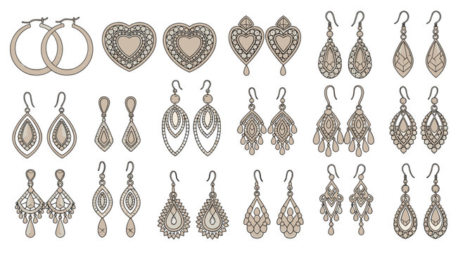 Comprehensive collection of elegant vintage earrings in various shapes and designs hand drawn on a white background.