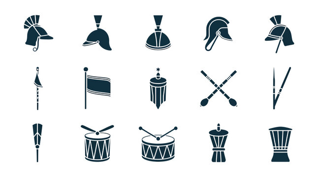Set of ancient military helmets and musical instruments for battle reenactment and historical.