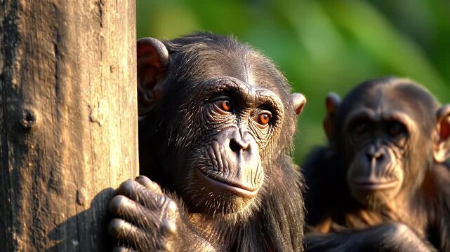 Close-up of a chimpanzee looking directly at the camera with another chimpanzee in the background.