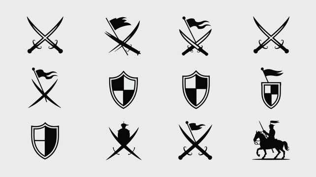 Black icons of medieval shields crossed swords and knight silhouettes for heraldic use.