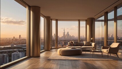 Fototapeta premium Modern luxury penthouse living room with panoramic sunset city skyline views