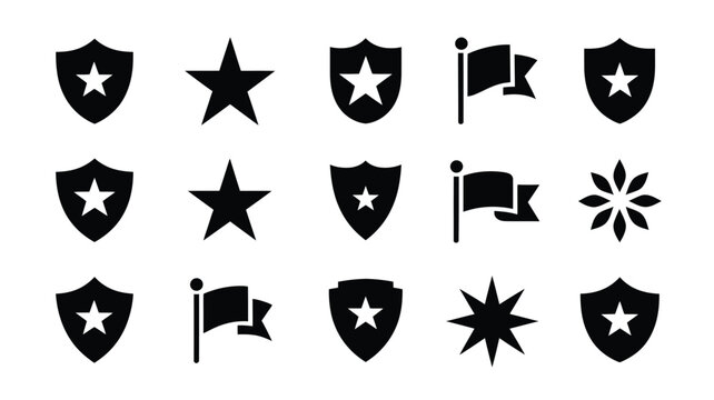 Set of black shield icons with star symbols and waving flag icons for patriotic themes.