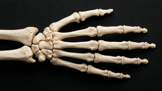 Human Hand Skeleton Bones Anatomy on Black Background, Carpal Metacarpal and Finger Phalange Bone Structure Top View