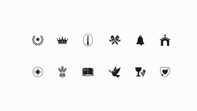 Religious and spiritual symbols set featuring churches crosses bells and holy artifacts.