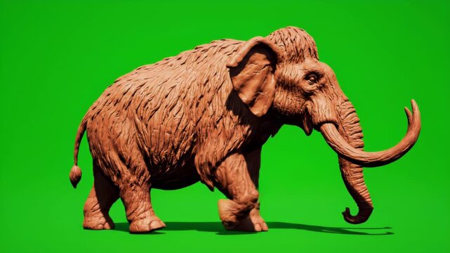 Woolly Mammoth on Green Screen. 4K Video, suitable for prehistoric documentaries, ice age educational content, animated film compositing, and natural history museum videos.