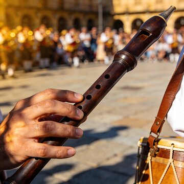 Flabiol One-Handed Playing at Sardana Festival &mdash; Macro Hand Close-Up, Dappled Afternoon Light, Andorran Folk Celebration