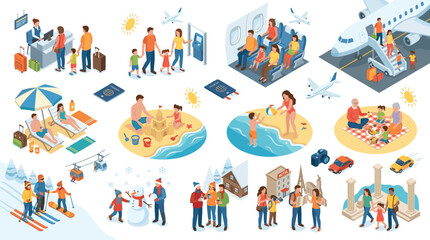 Fototapeta premium Travel tourism family vacation isometric vector set featuring airplane flights beach resorts skiing trips and historical sightseeing tours