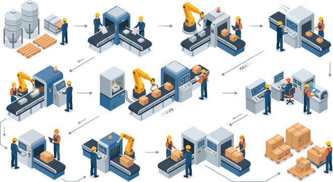 Automated smart factory production line isometric vector set featuring robotic arms conveyors packaging machinery operators and warehouse logistics