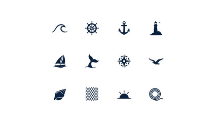 Set of twelve marine nautical icons for travel and sea navigation themes on white background. © Tuli