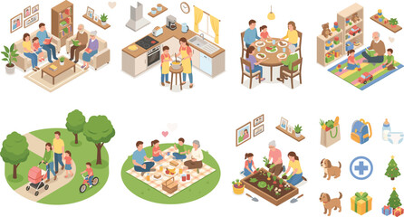 Family daily life isometric vector illustration set featuring home cooking dining gardening picnic park walk and grandparents