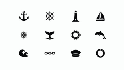 Collection of marine themed silhouette icons depicting classic nautical ship equipment. © Tuli