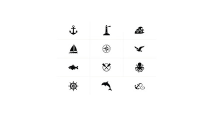 Marine and nautical themed icon set showing maritime objects sea travel and ocean life. © Tuli