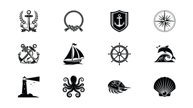 Set of nautical icons featuring anchors ships steering wheels and marine animal elements.